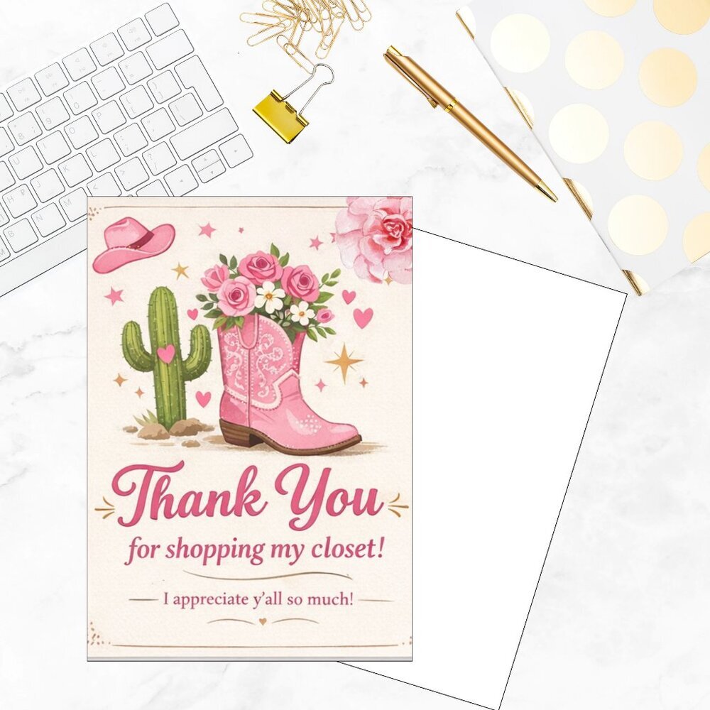 60 Cowgirl Pink Thank You Cards 4x2.5"
